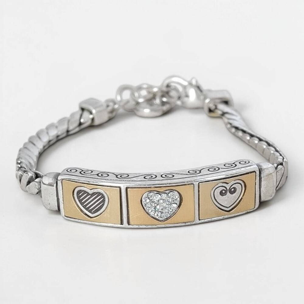 Vintage Brighton Heart Trio ID Two Tone Bracelet Silver Gold Retired 7-8 Inch